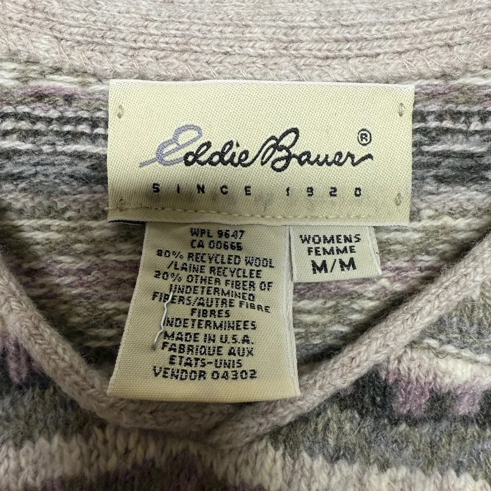 Eddie Bauer Womens Fair Isle Sweater Medium Gray Recycled Wool Pullover‎ Vintage